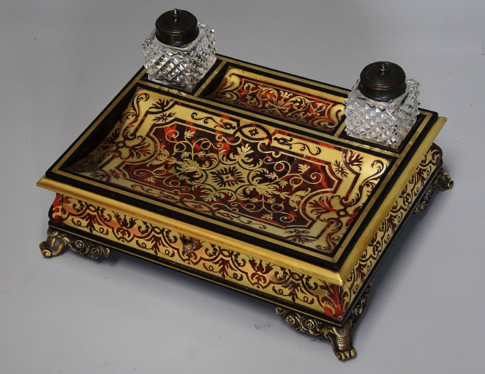 19th century French Napoleon III tortoiseshell and inlaid brass desk stand or inkstand View II