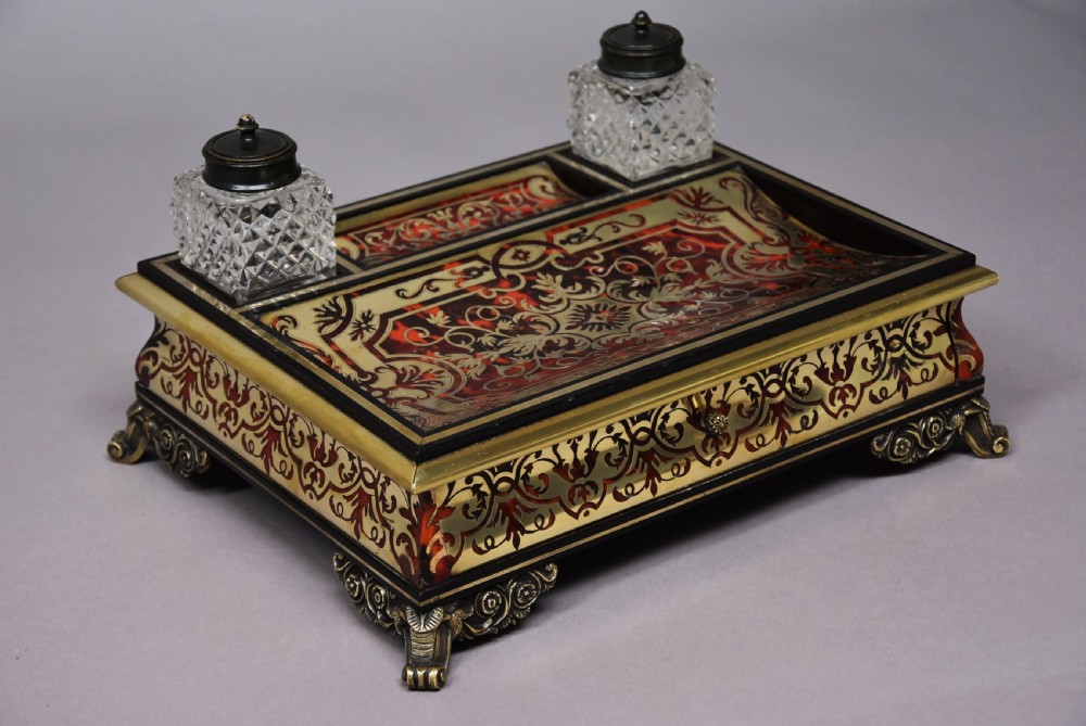 19th century French Napoleon III tortoiseshell and inlaid brass desk stand or inkstand View IV