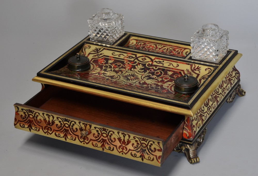 19th century French Napoleon III tortoiseshell and inlaid brass desk stand or inkstand View VI