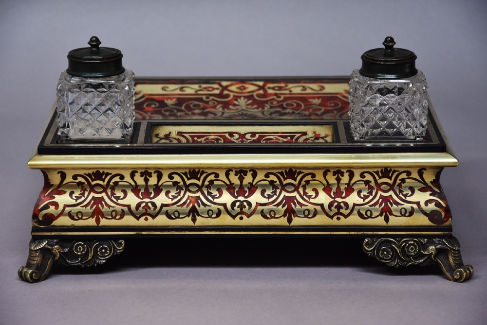 19th century French Napoleon III tortoiseshell and inlaid brass desk stand or inkstand View XI
