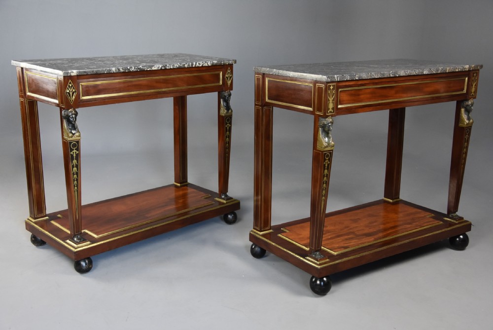 Superb quality near pair of early 19thc French Empire mahogany console tables