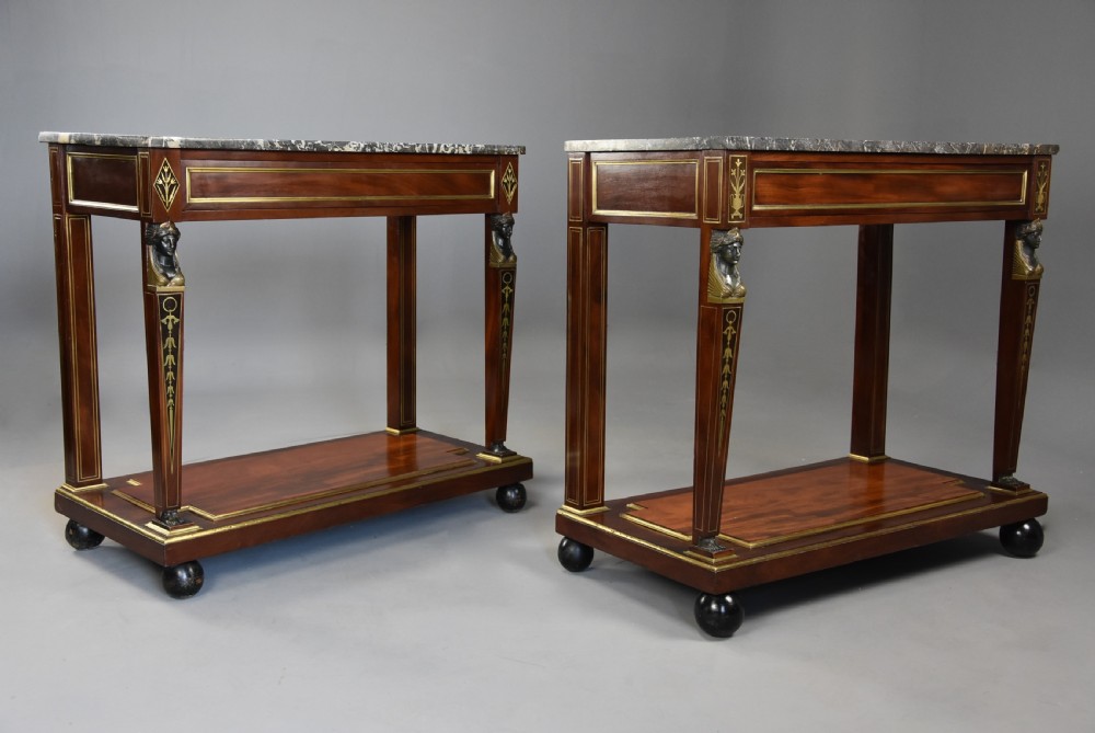 Superb quality near pair of early 19thc French Empire mahogany console tables View II