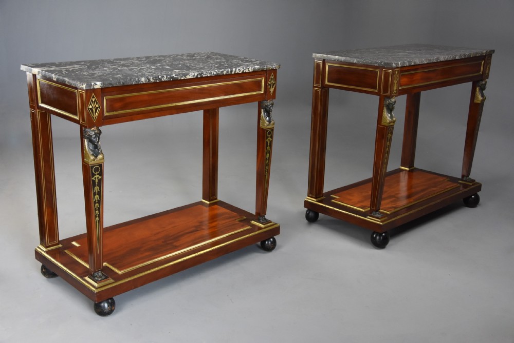 Superb quality near pair of early 19thc French Empire mahogany console tables View III