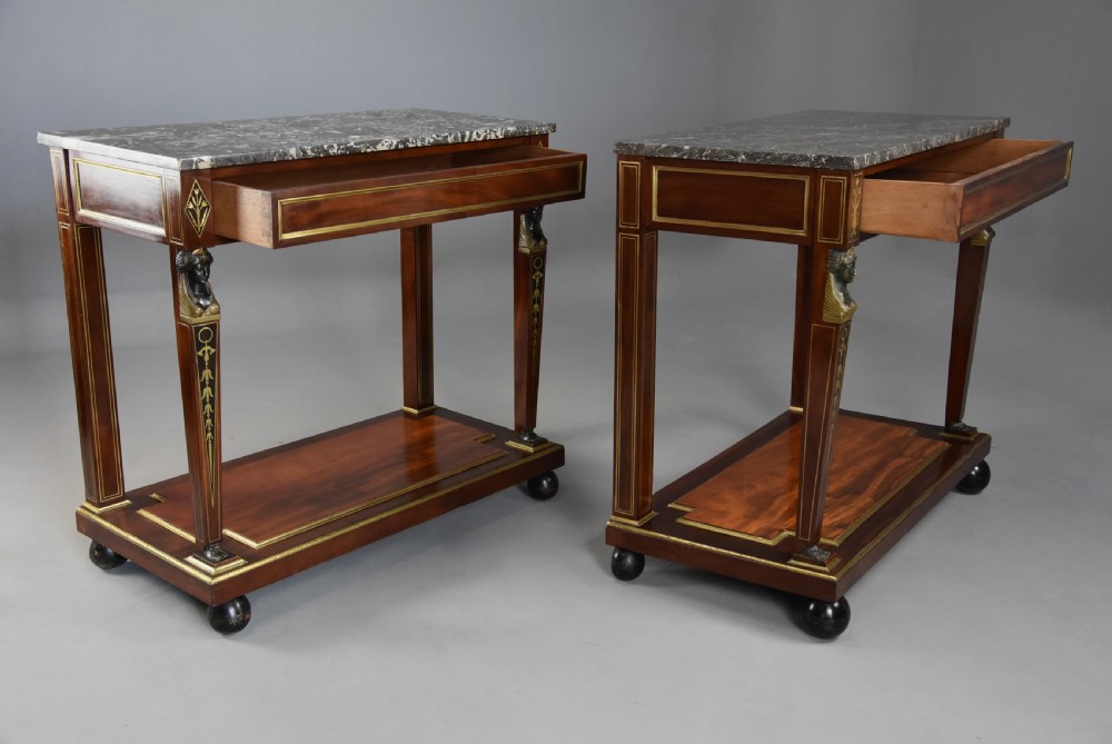 Superb quality near pair of early 19thc French Empire mahogany console tables View V