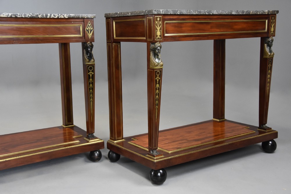 Superb quality near pair of early 19thc French Empire mahogany console tables View X