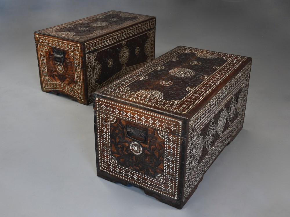 Highly decorative near pair of early 20thc hardwood and mother of pearl Syrian trunks View II