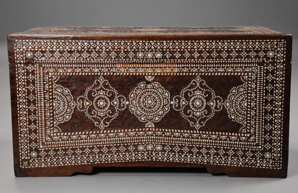 Highly decorative near pair of early 20thc hardwood and mother of pearl Syrian trunks View III