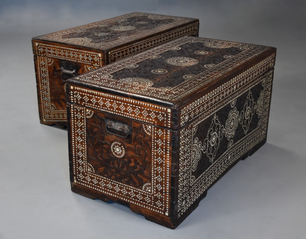 Highly decorative near pair of early 20thc hardwood and mother of pearl Syrian trunks View IV
