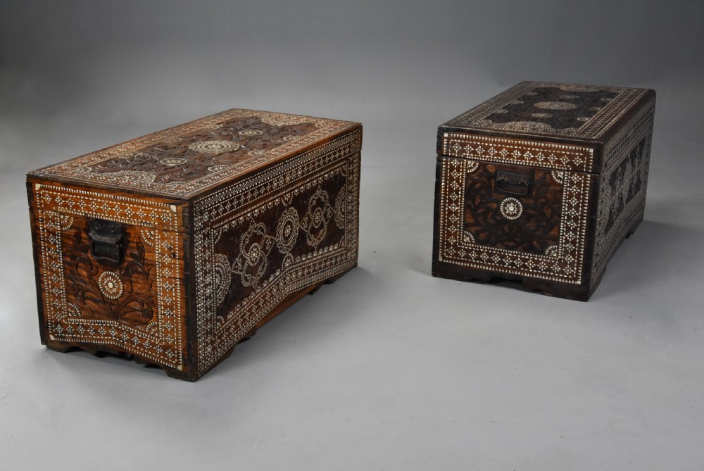 Highly decorative near pair of early 20thc hardwood and mother of pearl Syrian trunks View V