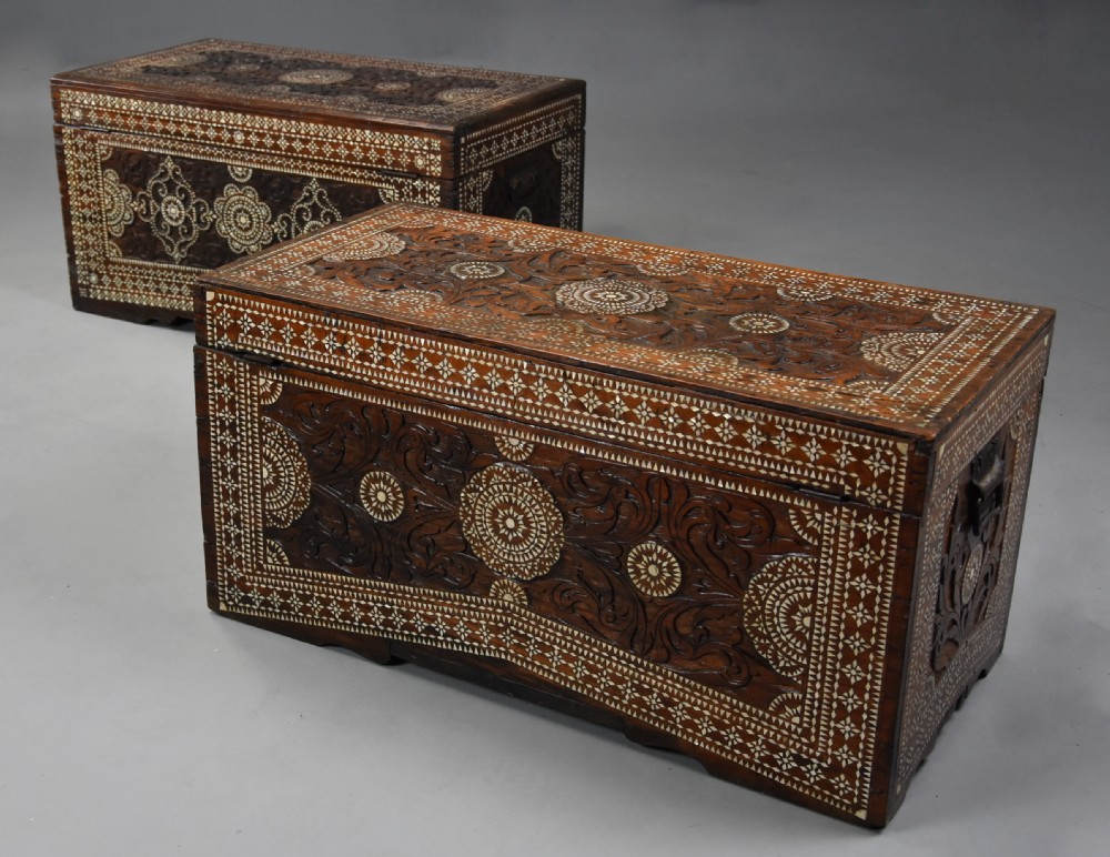 Highly decorative near pair of early 20thc hardwood and mother of pearl Syrian trunks View VIII