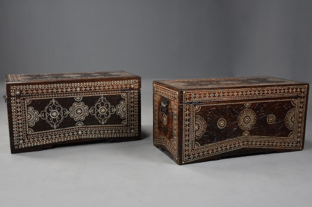 Highly decorative near pair of early 20thc hardwood and mother of pearl Syrian trunks View IX