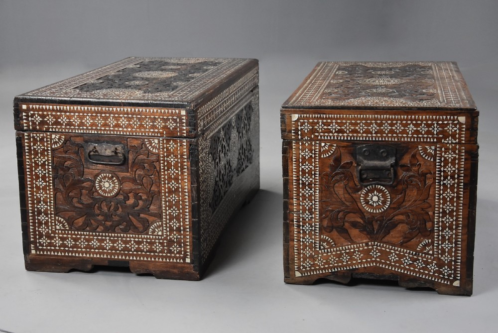 Highly decorative near pair of early 20thc hardwood and mother of pearl Syrian trunks View X