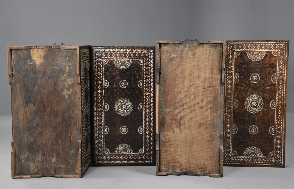 Highly decorative near pair of early 20thc hardwood and mother of pearl Syrian trunks View XI