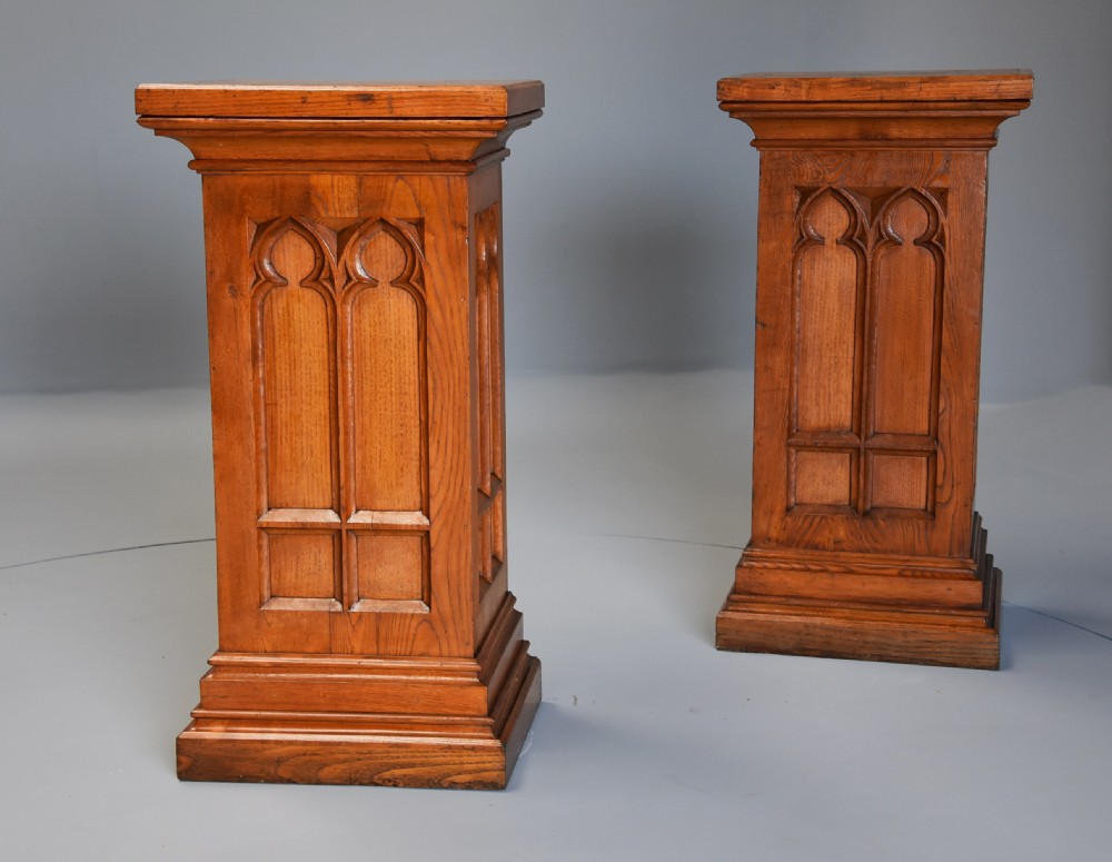 Pair of late 19th century ash pedestals in the Gothic style of good patina  View III