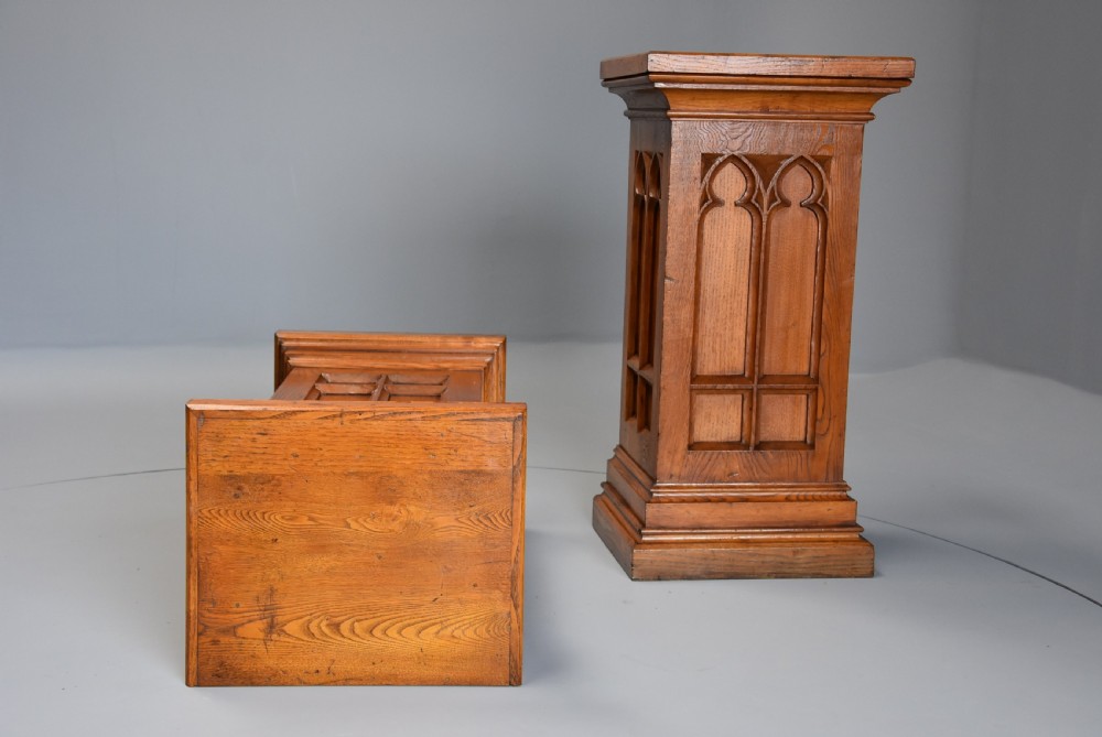Pair of late 19th century ash pedestals in the Gothic style of good patina  View V