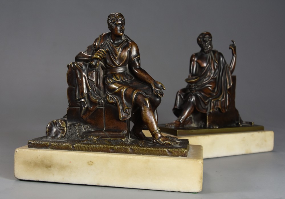 Fine quality pair of late 19th century French bronzes of Socrates and Leon of Salamis with superb patina View II