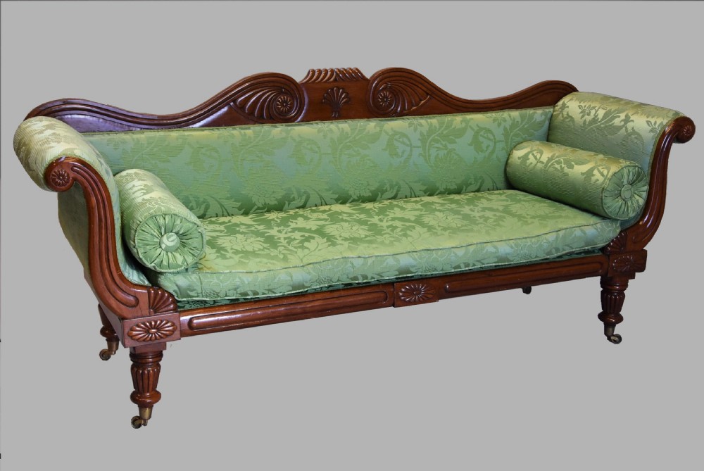 19th century late Regency scroll end mahogany sofa upholstered in green silk fabric View IV