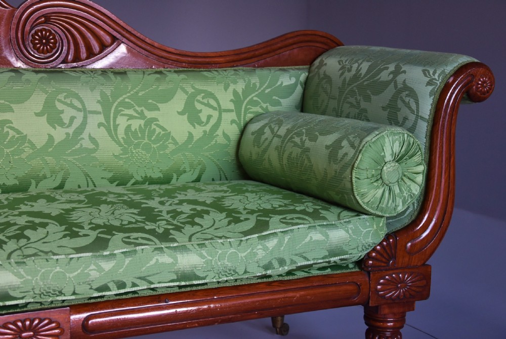 19th century late Regency scroll end mahogany sofa upholstered in green silk fabric View VII