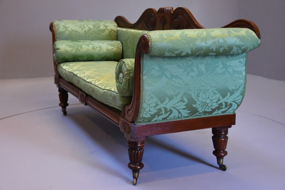 19th century late Regency scroll end mahogany sofa upholstered in green silk fabric View VIII