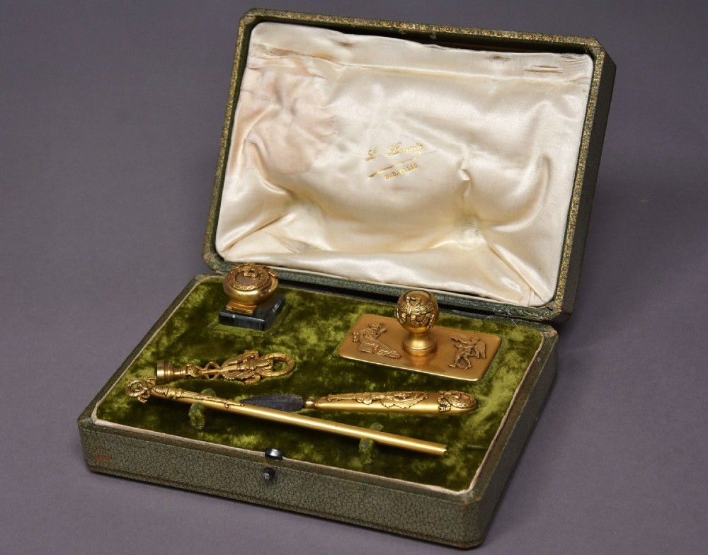 Superb quality five piece gilt metal writing set in the Empire style in original case