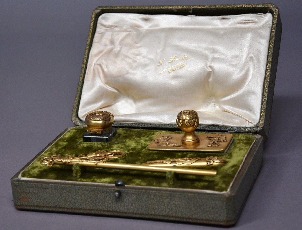 Superb quality five piece gilt metal writing set in the Empire style in original case View II