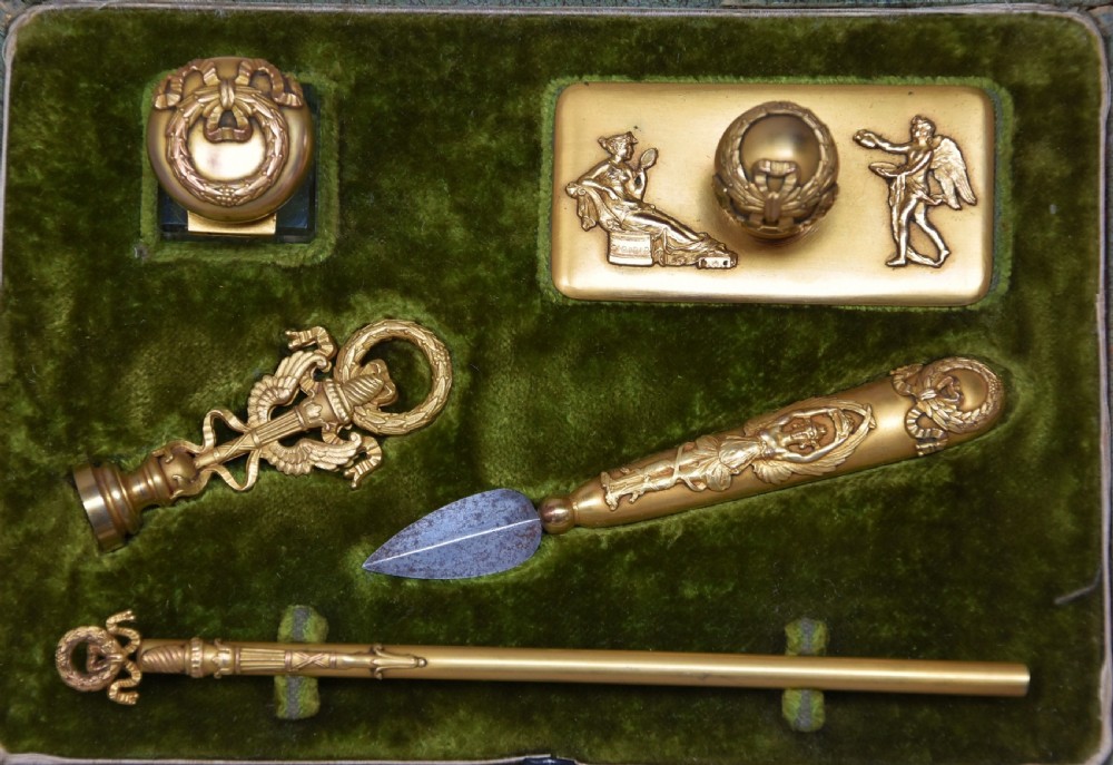 Superb quality five piece gilt metal writing set in the Empire style in original case View IV
