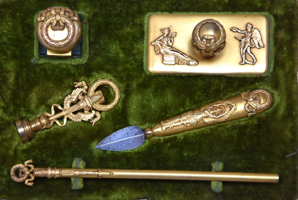Superb quality five piece gilt metal writing set in the Empire style in original case View V