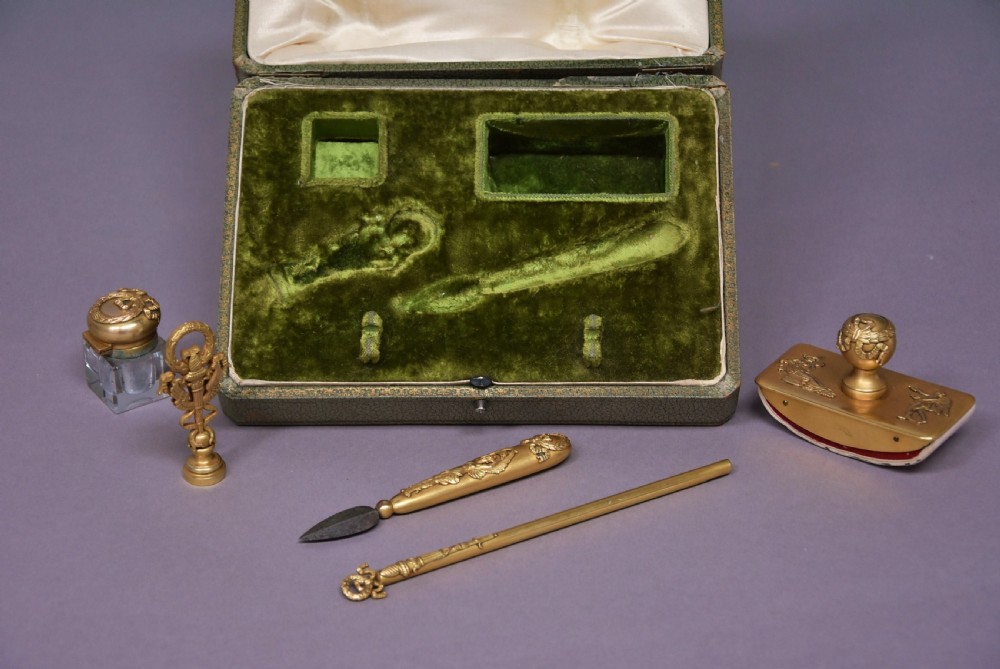 Superb quality five piece gilt metal writing set in the Empire style in original case View VI