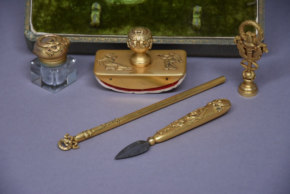 Superb quality five piece gilt metal writing set in the Empire style in original case View VII