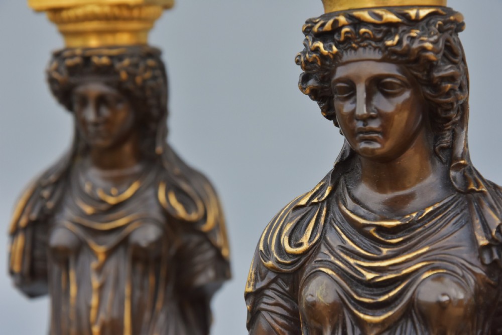 Large pair of superb quality 19thc bronze & gilt bronze table lamps, signed Barbedienne View VII