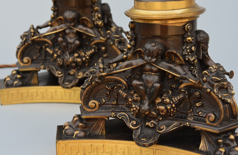 Large pair of superb quality 19thc bronze & gilt bronze table lamps, signed Barbedienne View XII