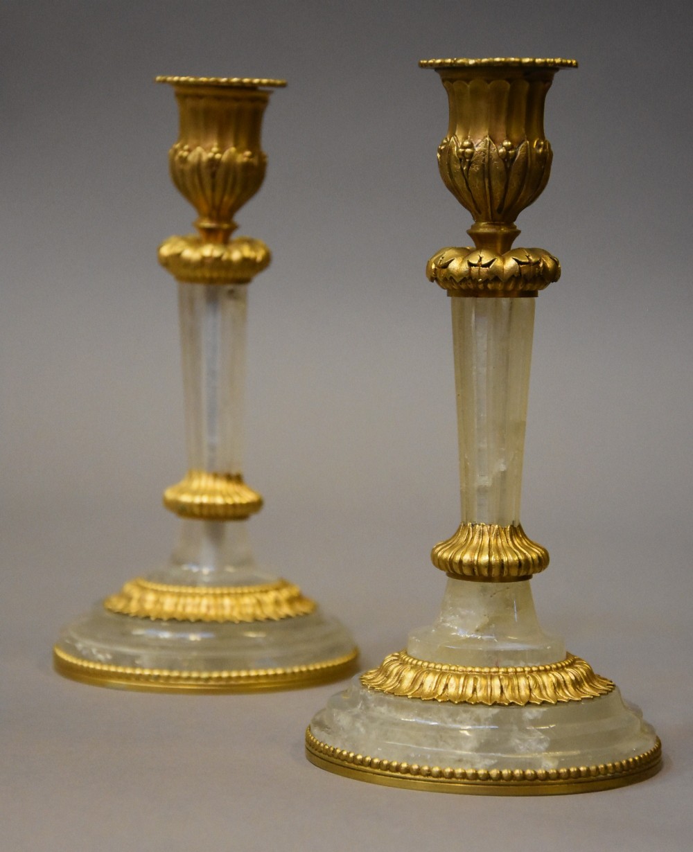 Super pair of elegant early 20th century rock crystal & ormolu candlesticks