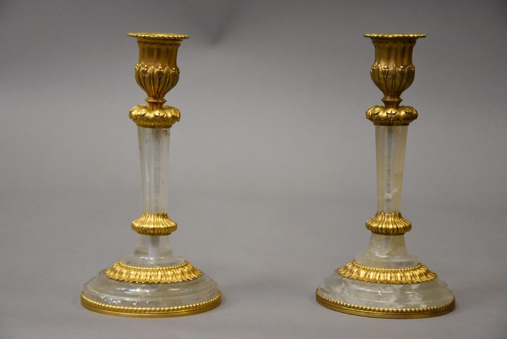 Super pair of elegant early 20th century rock crystal & ormolu candlesticks View V
