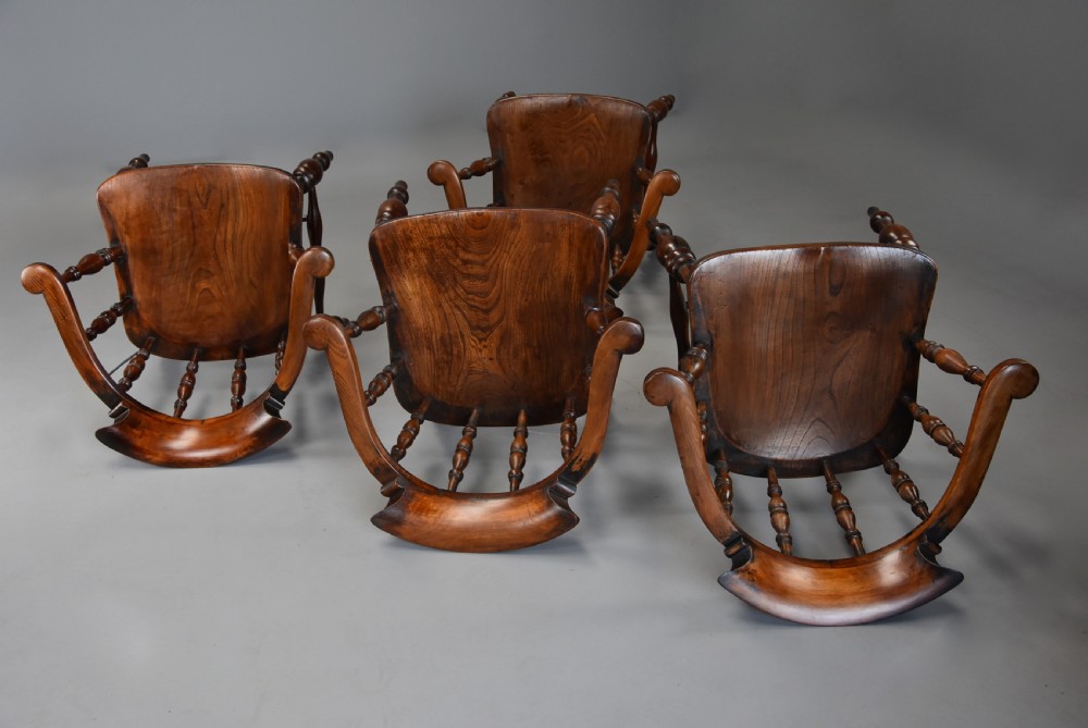 Set of four mid 19th century beech & elm smokers bow Windsor or Captains chairs View X