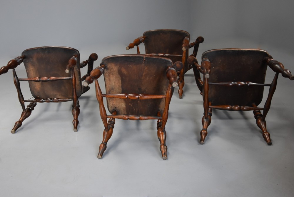 Set of four mid 19th century beech & elm smokers bow Windsor or Captains chairs View XII