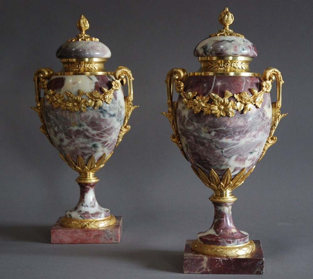 Superb pair of French 19thc fine quality Breche Violette marble cassolettes in the Louis XVI style