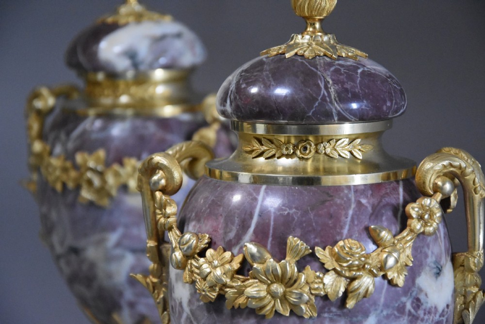 Superb pair of French 19thc fine quality Breche Violette marble cassolettes in the Louis XVI style View IV