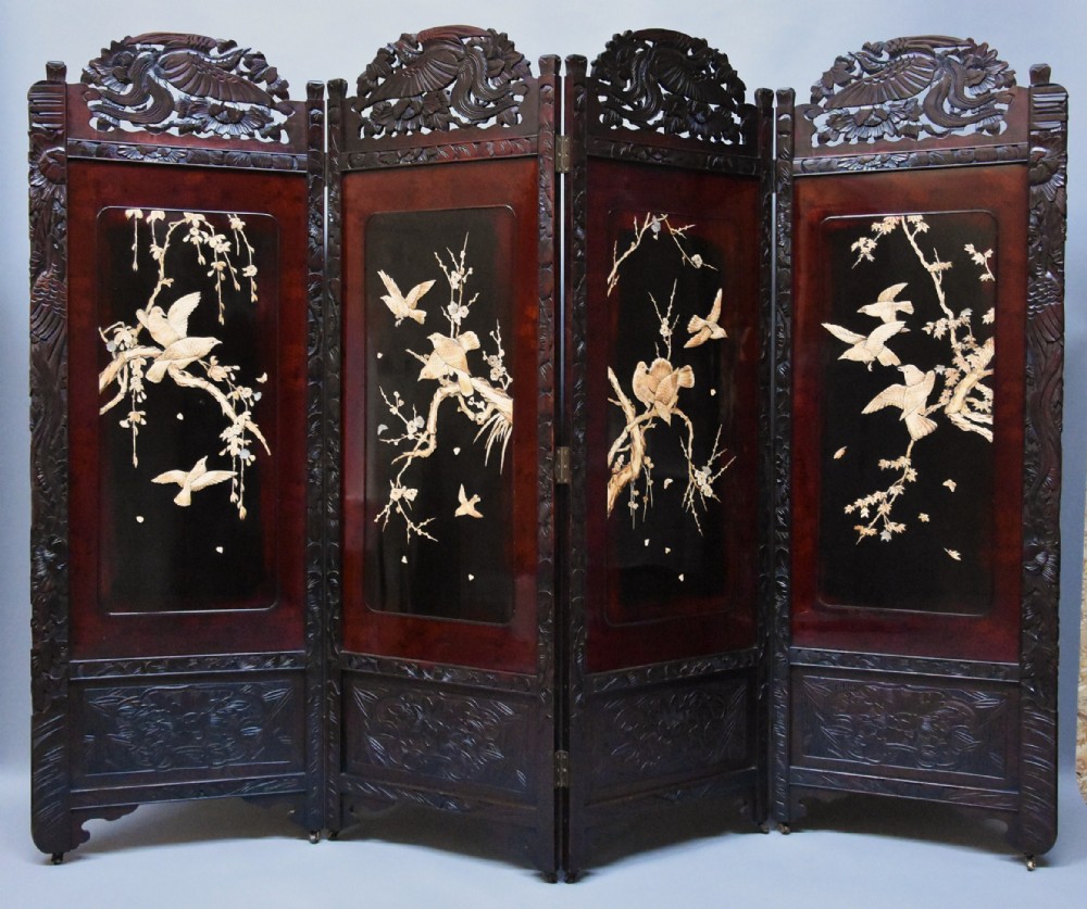 Large 19thc Japanese Meiji period four-fold screen of superb quality with shibayama panels