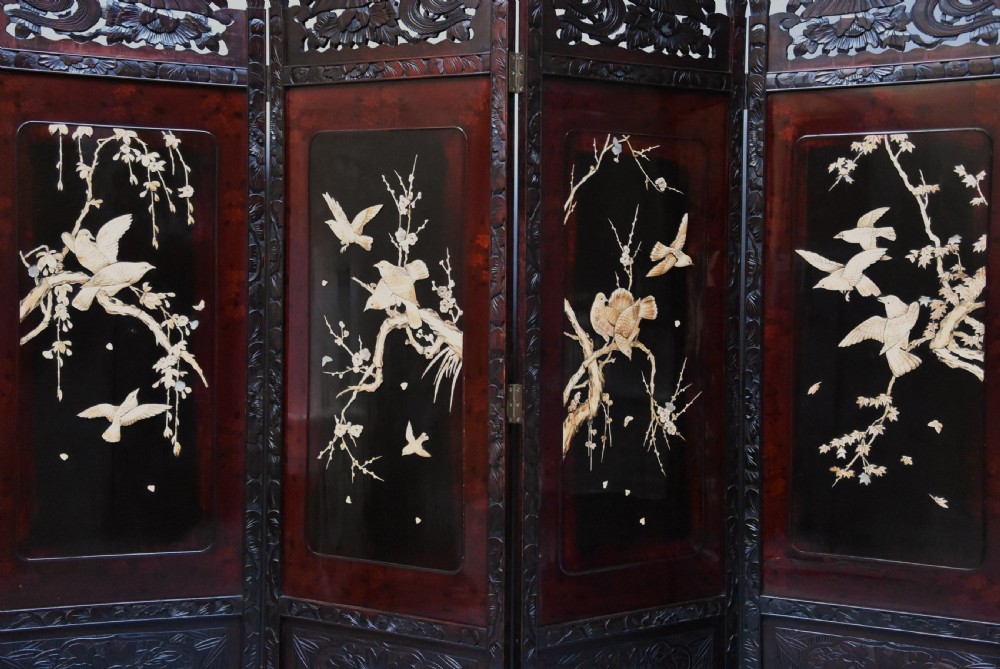 Large 19thc Japanese Meiji period four-fold screen of superb quality with shibayama panels View VI