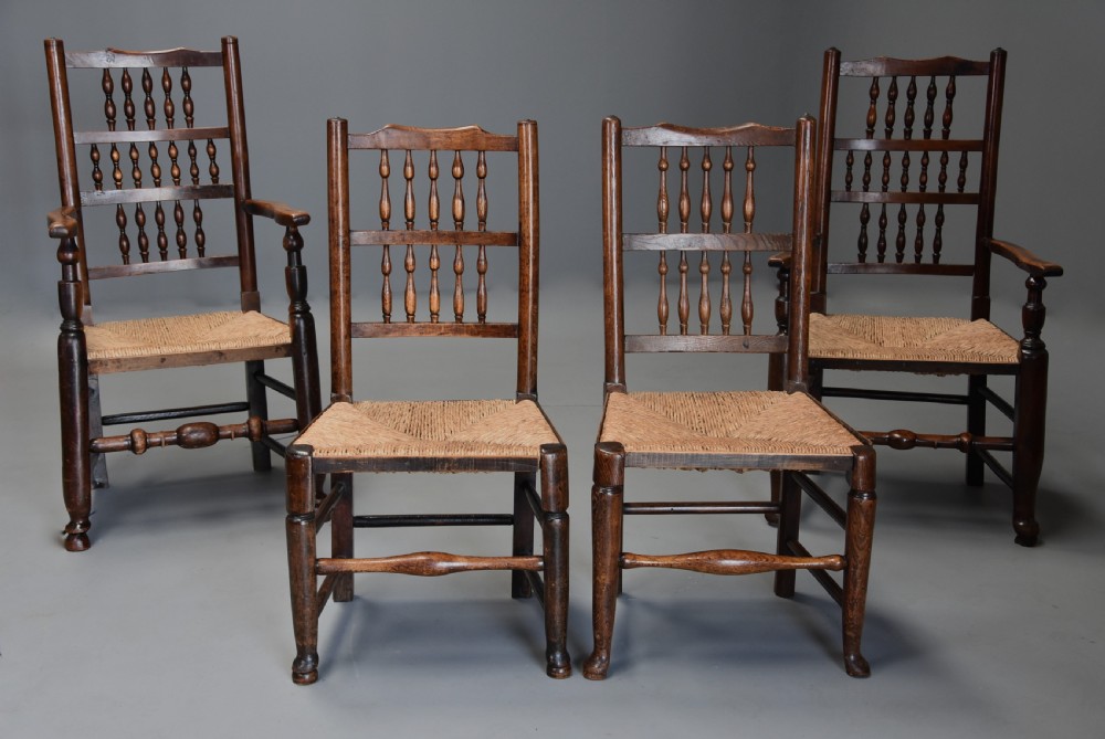 Matched set of eight mid 19th century ash spindle back chairs of superb patina View IV