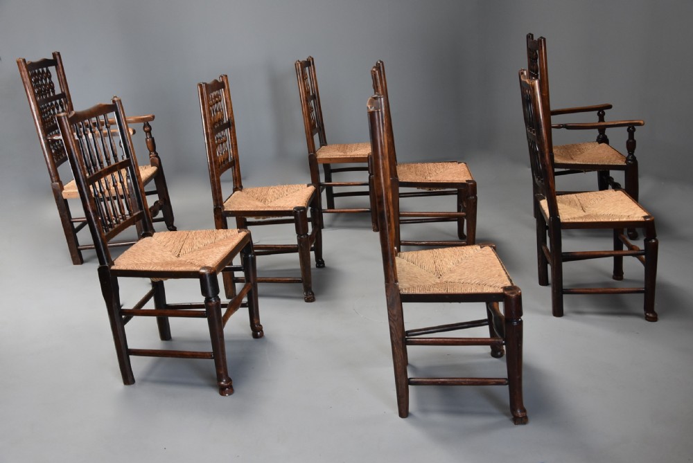 Matched set of eight mid 19th century ash spindle back chairs of superb patina View IX