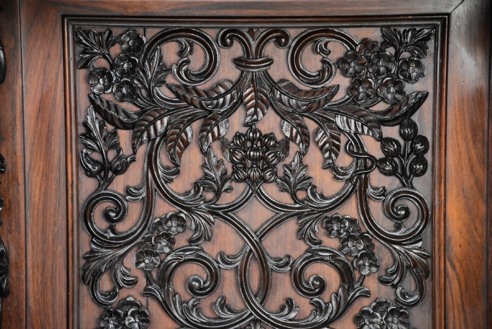 Exquisite mid 19thc Anglo Indian padouk & satinwood profusely carved freestanding davenport of large scale View XI