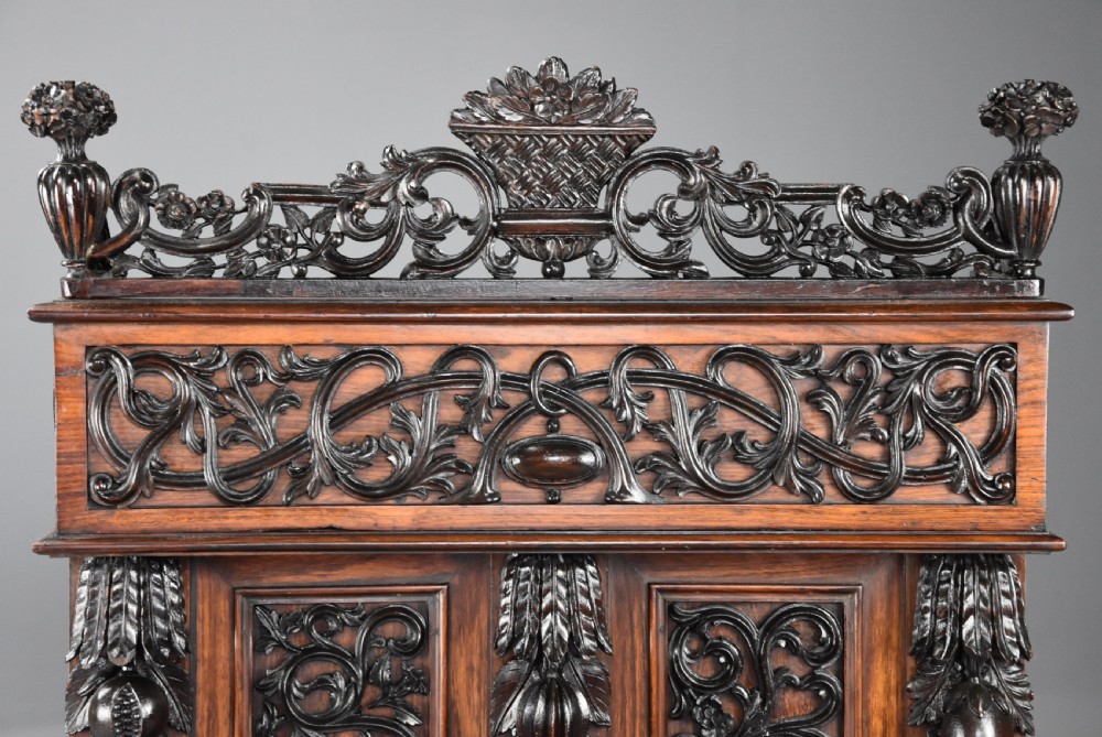 Exquisite mid 19thc Anglo Indian padouk & satinwood profusely carved freestanding davenport of large scale View XVIII