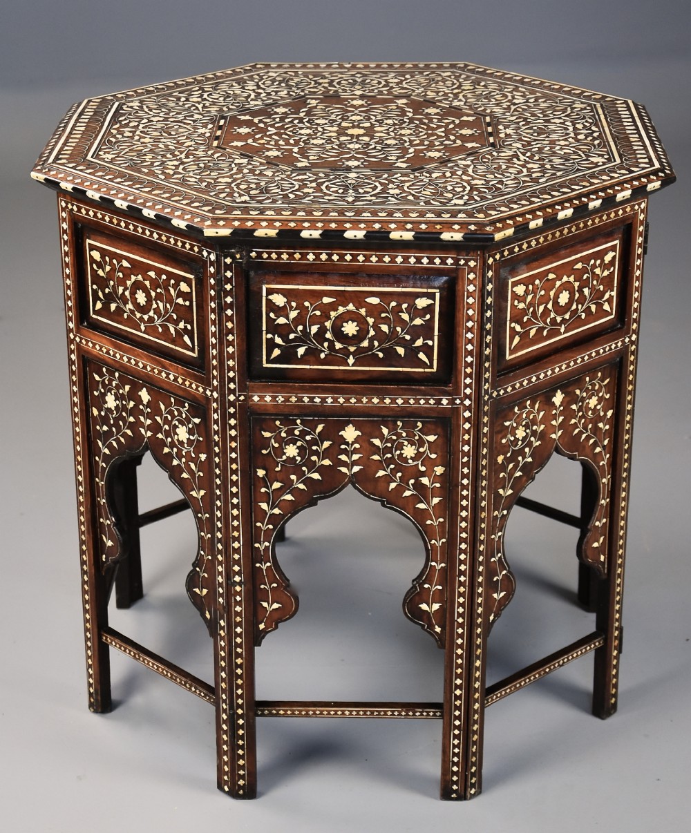 Superb quality late 19th century ivory inlaid hardwood Anglo Indian octagonal table