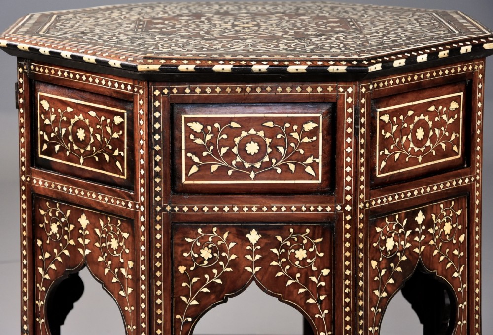 Superb quality late 19th century ivory inlaid hardwood Anglo Indian octagonal table View IV