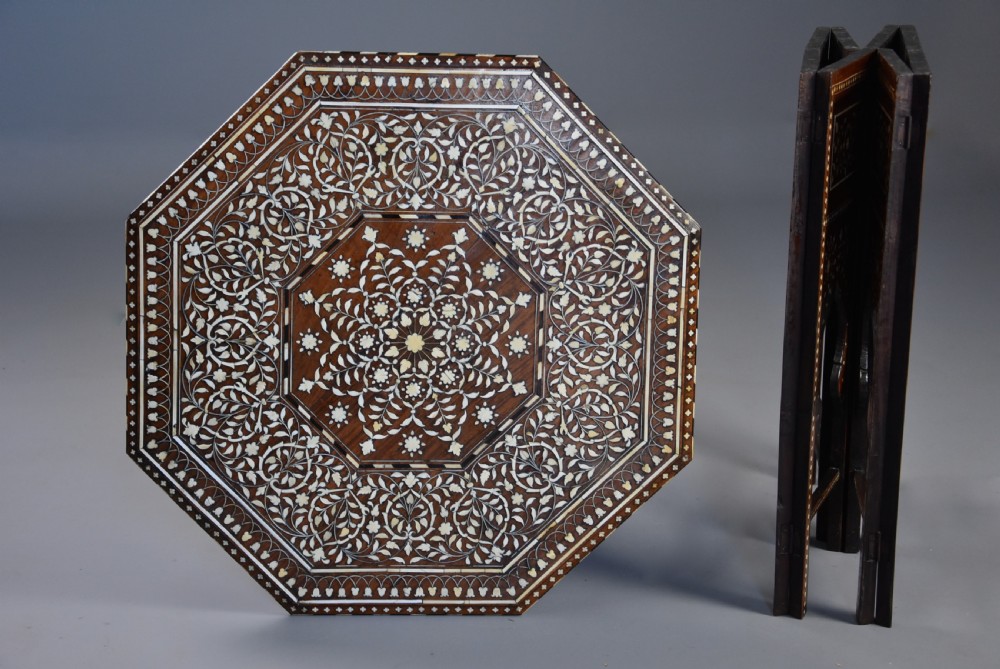Superb quality late 19th century ivory inlaid hardwood Anglo Indian octagonal table View X