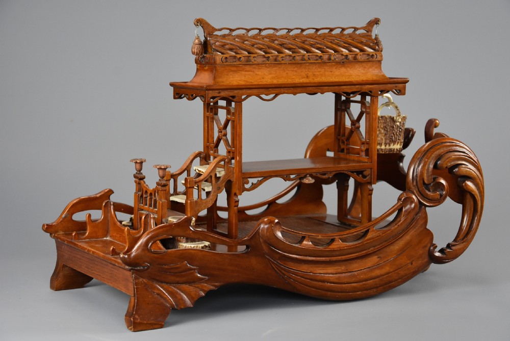Late 19th century Asian model of a pagoda boat, possibly a desk stand View III