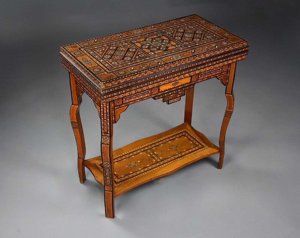 Highly decorative early 20th century Middle Eastern Damascus inlaid games table  View II