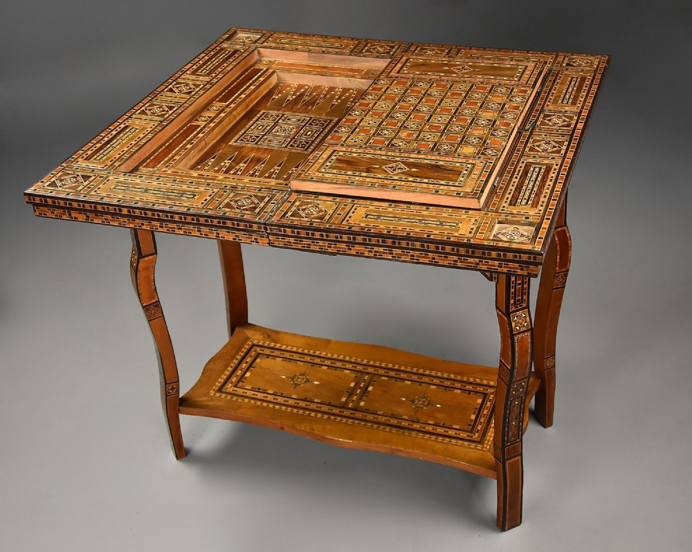 Highly decorative early 20th century Middle Eastern Damascus inlaid games table  View VIII