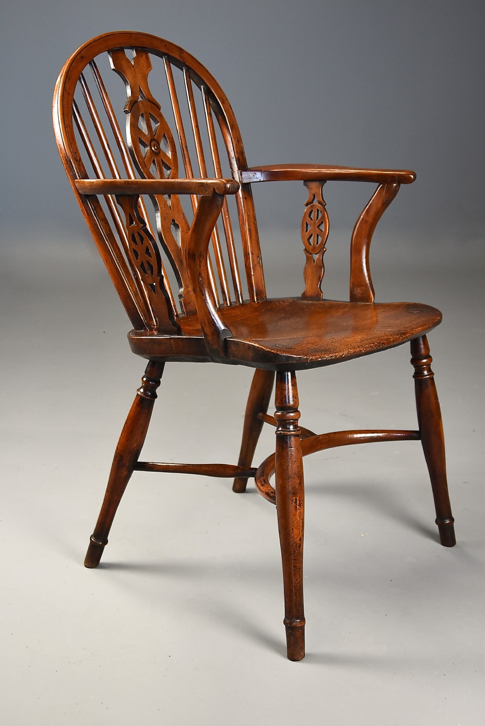 Extremely rare & unusual 19thc yew wood wheelback Windsor armchair with excellent patina